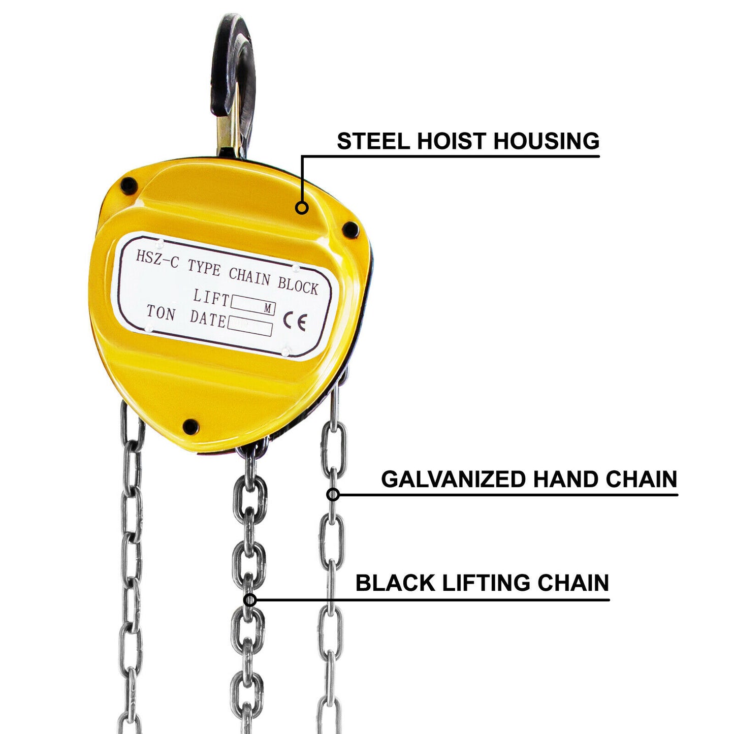 Anti-rust manual chain hoist with two hooks for lifting and pulling, 10-20FT/3-6m, available in 0.5-3T.