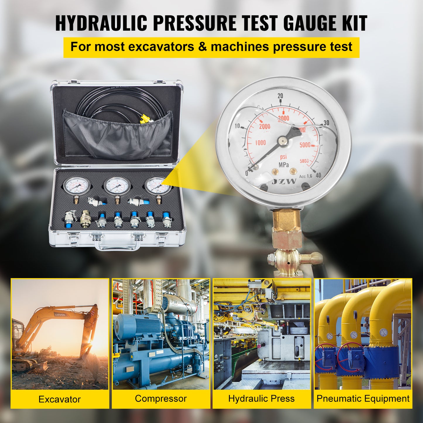 Hydraulic Pressure Gauge, 6 Test Couplings, Digital, with Case, (0-60Mpa)