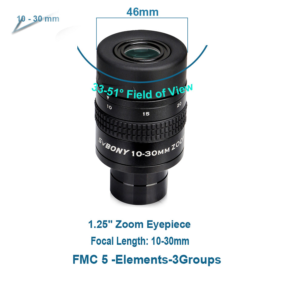 FMC Zoom Lens Telescope Accessory 7-21mm/8-24mm/10-30mm for Astronomic Telescopes, 1.25" Diameter.