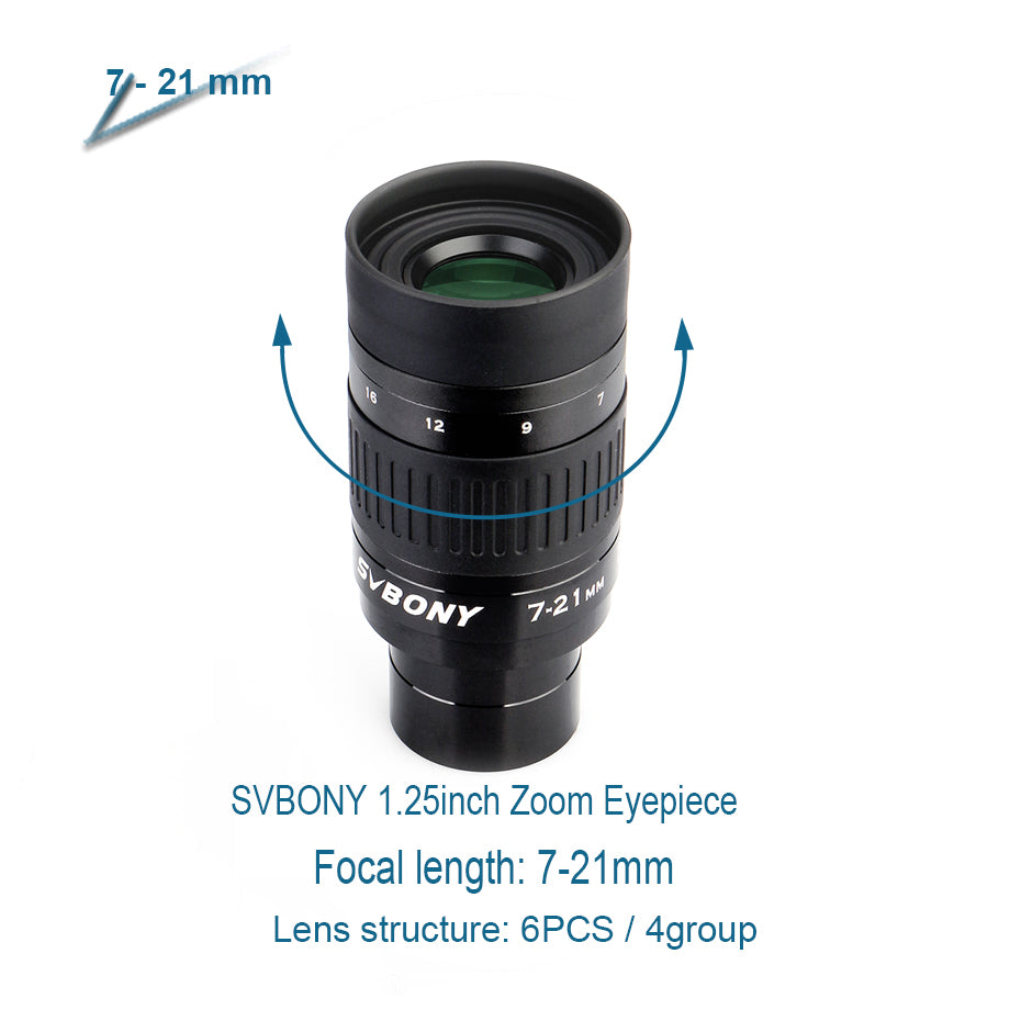 FMC Zoom Lens Telescope Accessory 7-21mm/8-24mm/10-30mm for Astronomic Telescopes, 1.25" Diameter.