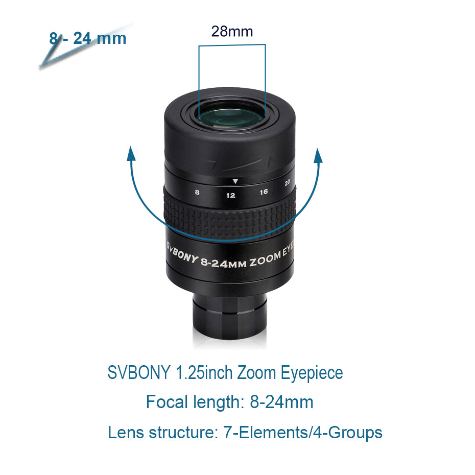 FMC Zoom Lens Telescope Accessory 7-21mm/8-24mm/10-30mm for Astronomic Telescopes, 1.25" Diameter.