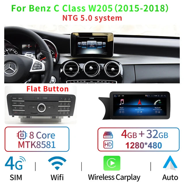 Mp5 Player, for Mercedes C W205, 4GB, 32GB, 1din, WiFi, 4x60, Black