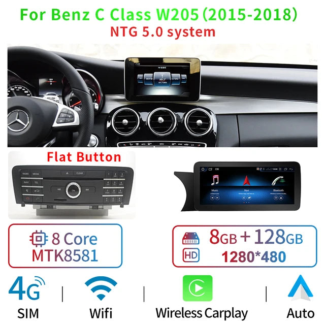 Mp5 Player, for Mercedes C W205, 8GB, 128GB, 1din, WiFi, 4x60, Black