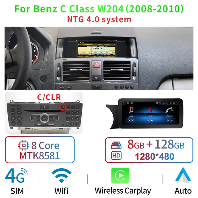 Mp5 Player, for Mercedes C W204, 8GB, 128GB, 1din, WiFi, 4x60, Black