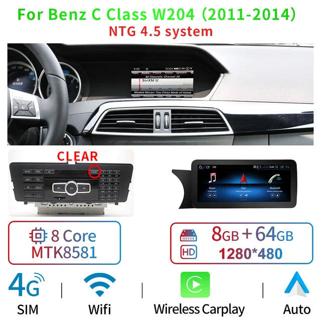 Mp5 Player, for Mercedes C W204, NTG 4,5, 8GB, 64GB, 1din, WiFi, 4x60, Black