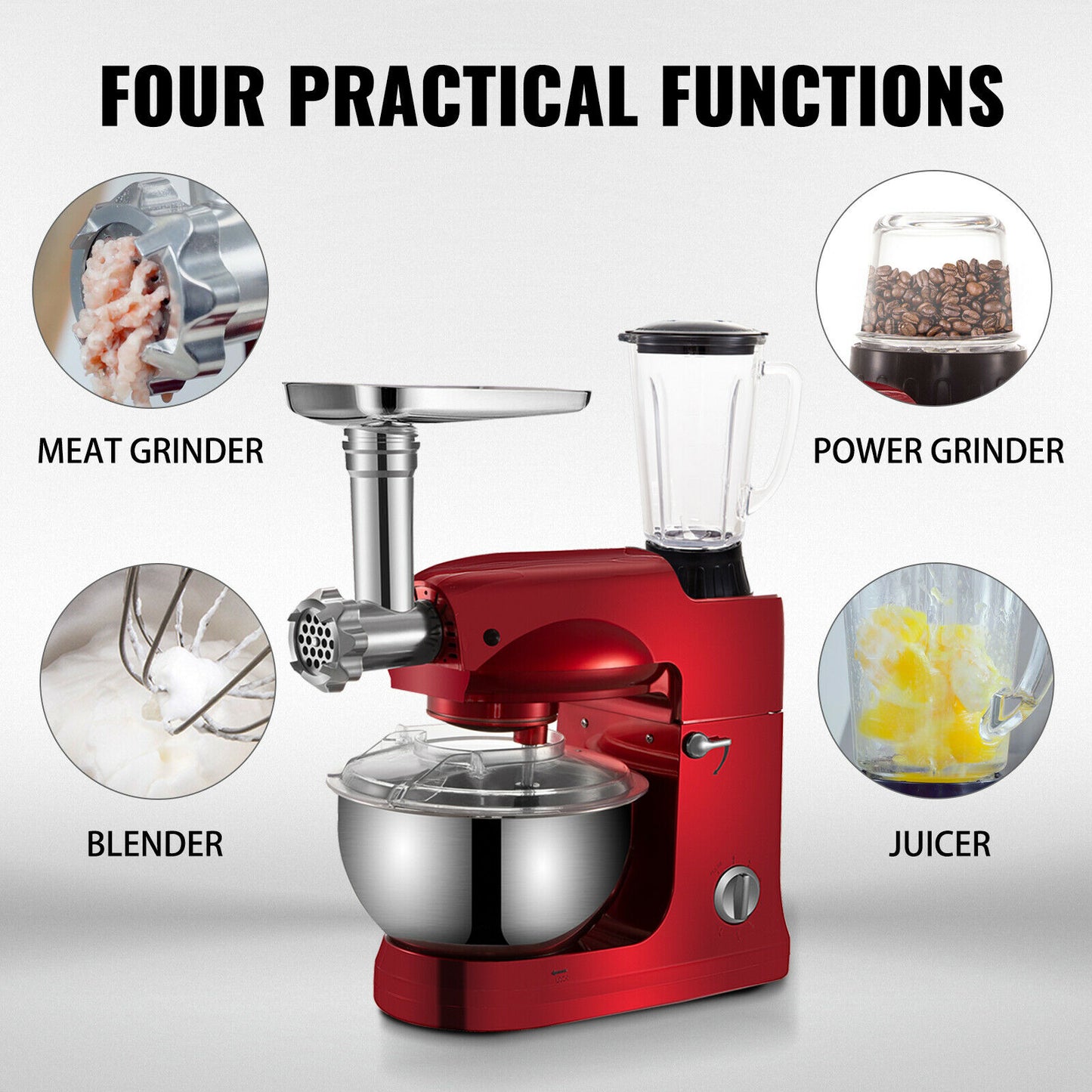 4in1 Planetary Mixer 5L Stainless Steel Bowl Meat Grinder Juicer Blender Egg Whisk 1000W Home Kitchen Food Processor