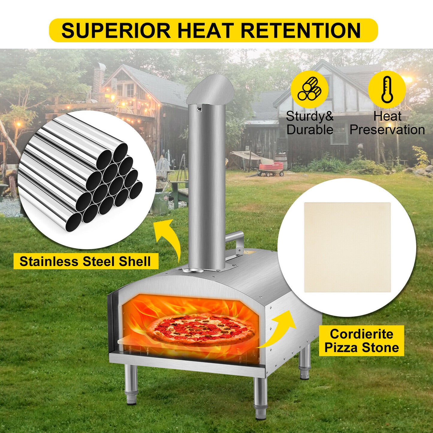 Portable wood fired stainless steel pizza oven for outdoor BBQ, picnics, and baking - 12" size.