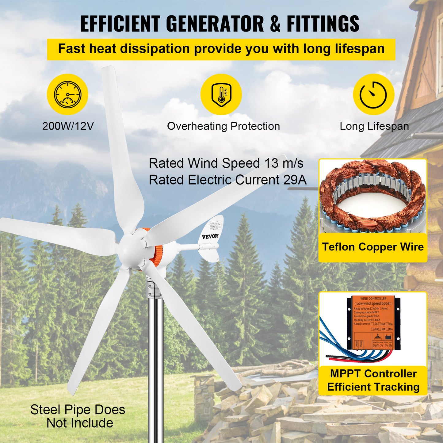 Low Noise 12V Wind Turbine Generator 300W-500W with 3-5 Blades and Controller - High Efficiency