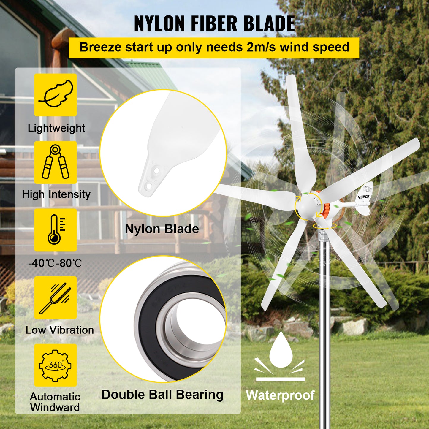 Low Noise 12V Wind Turbine Generator 300W-500W with 3-5 Blades and Controller - High Efficiency