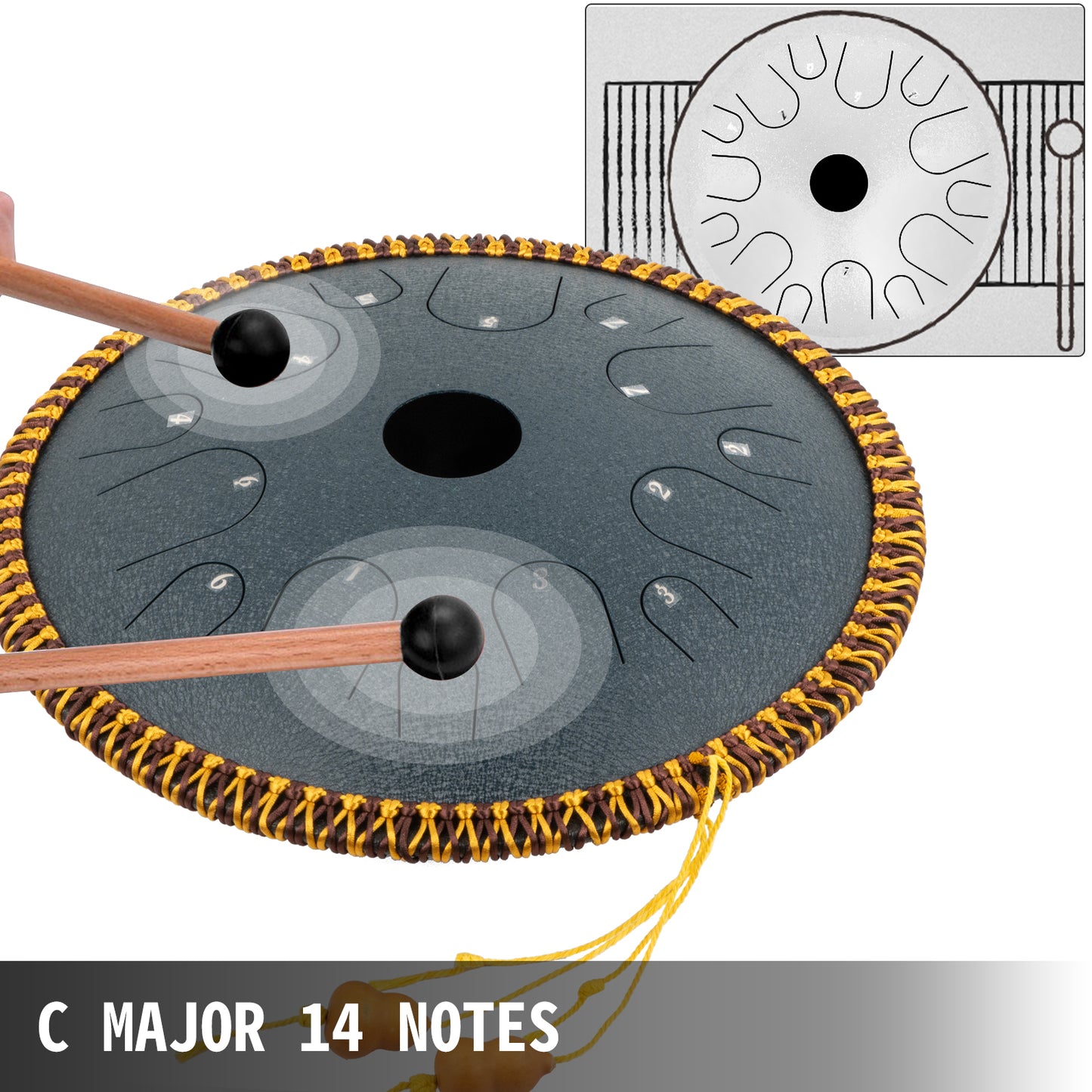 Instrument de percuție manuală cu tobă din oțel de 14 inchi, 14 tonuri în do minor cu geantă de călătorie - 36 cm