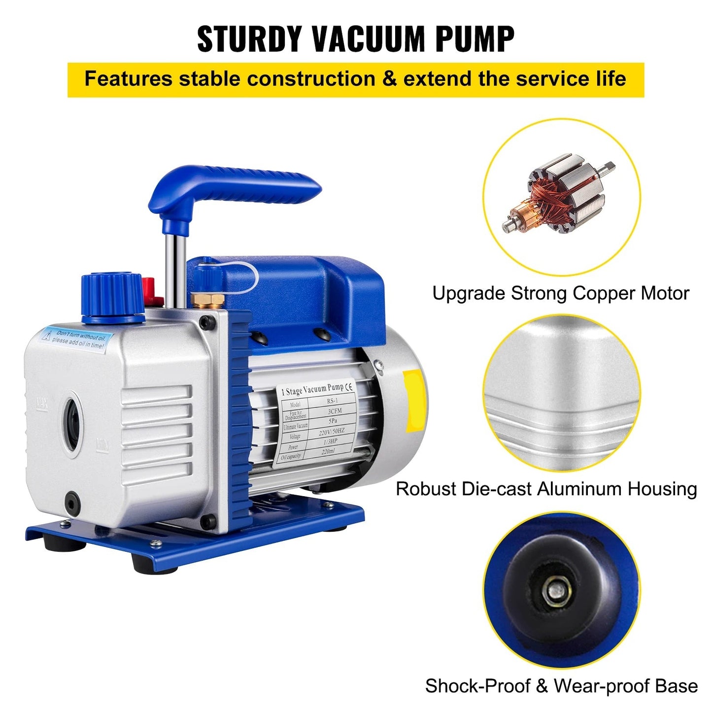 Vacuum Pump, 800Psi, 3CFM, 1/4HP, 1720rpm, 2 Way Gauge, Blue