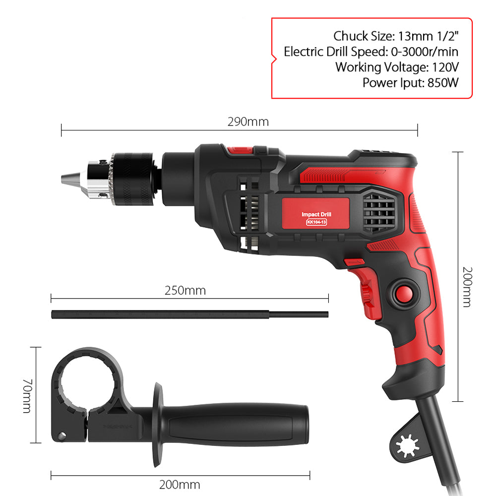 Drill, Kkmoon, 220V, Electric, 850W, 3000RPM, Rotary, RED