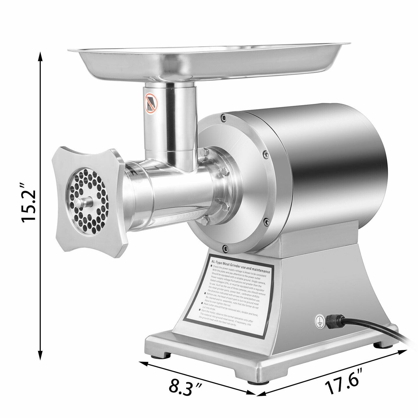 Electric Stainless Steel Meat Grinder 1HP/750W, 225RPM, 250kg/h