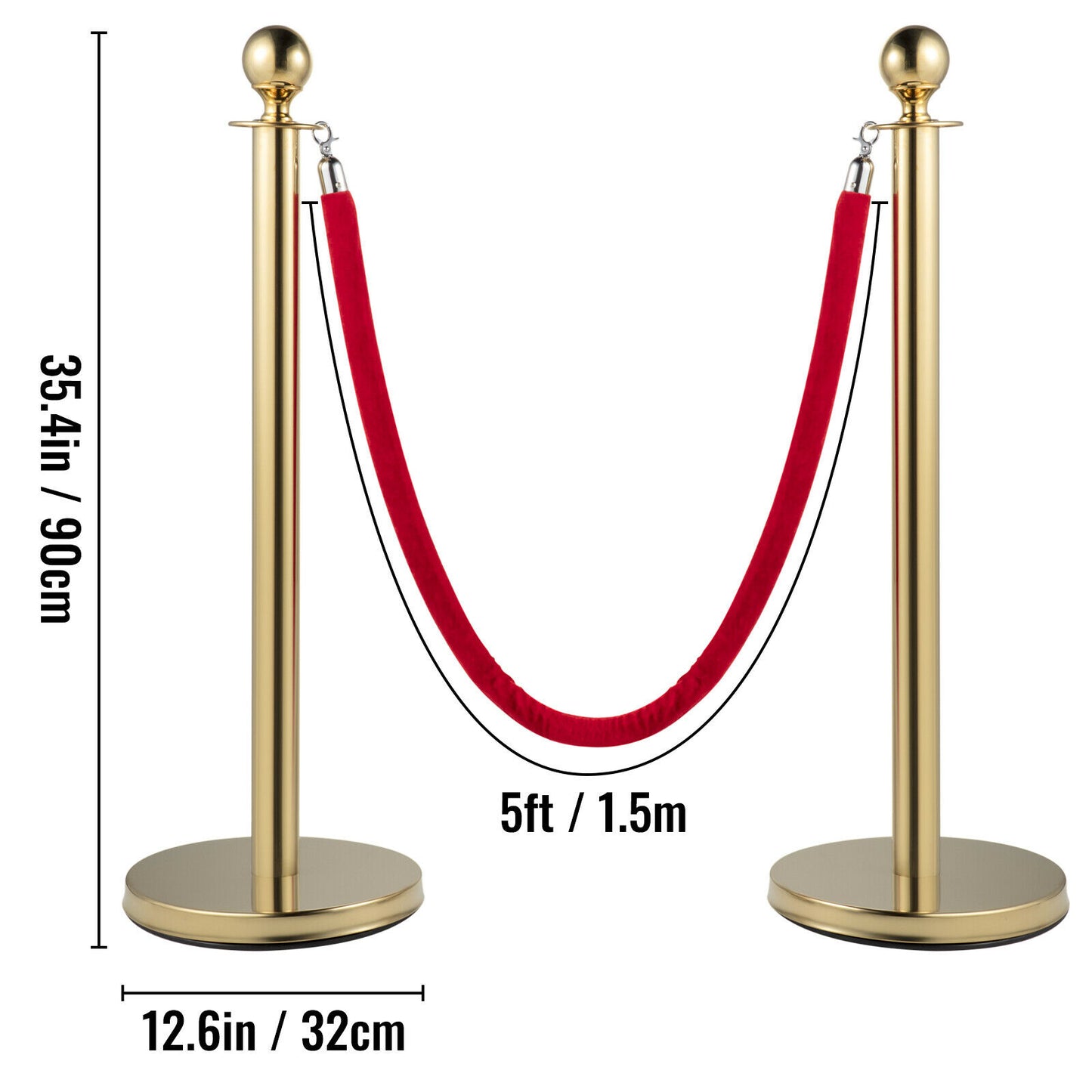 Gold/Silver Stanchions with Velvet Ropes, Stable Base 35.4" Tall