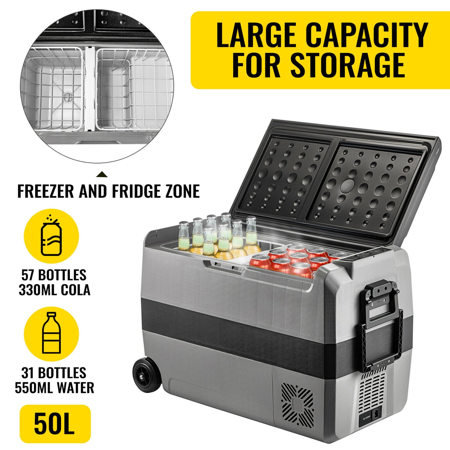 Portable Car Fridge 12/24V DC 100-240 AC, 36L 50L 60L, Wheel+Handle