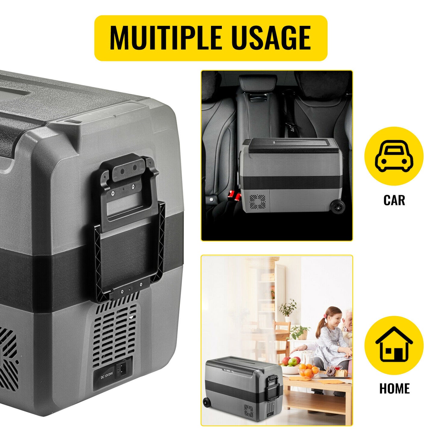 Portable Car Fridge 12/24V DC 100-240 AC, 36L 50L 60L, Wheel+Handle