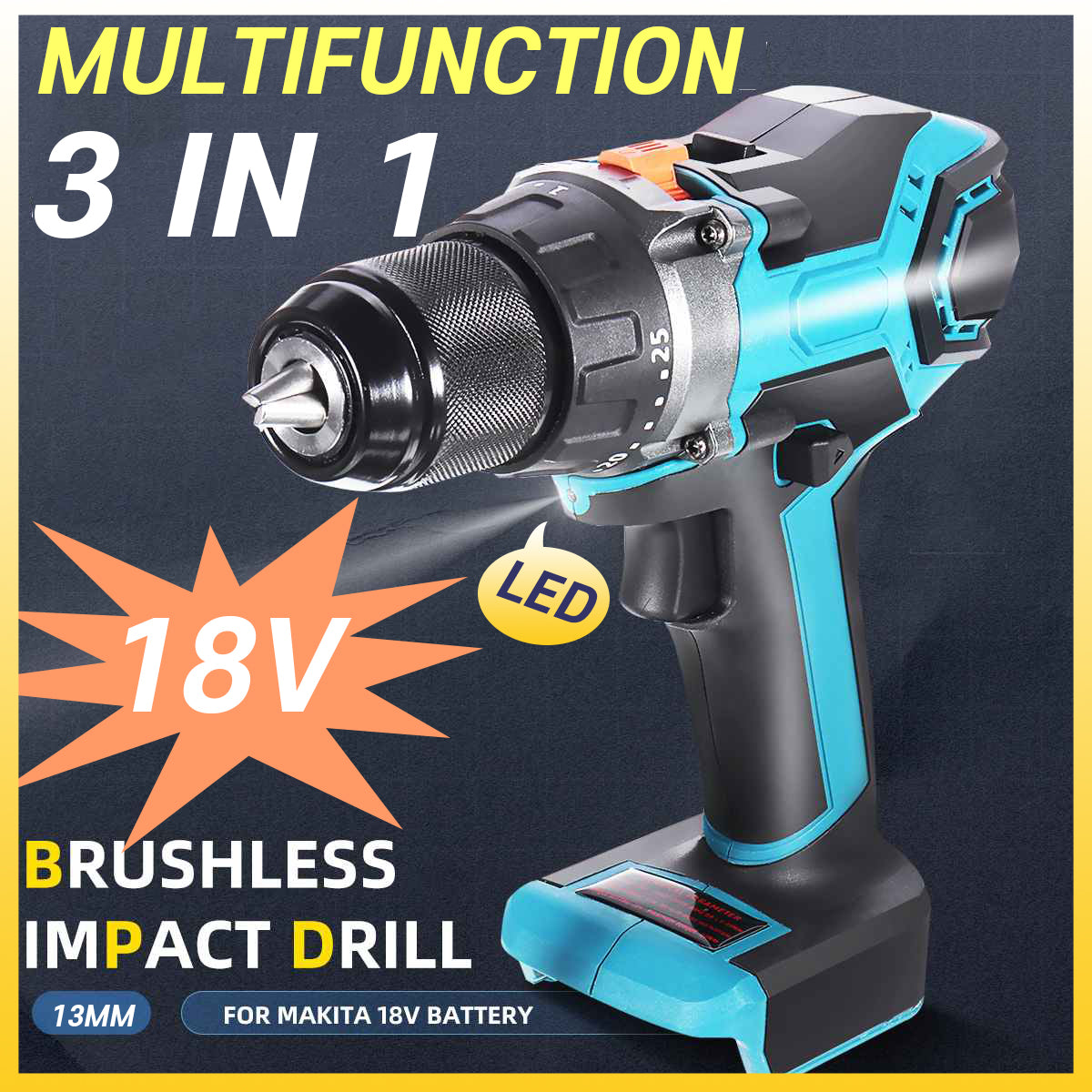 Electric Drill, 18V, 13mm, Rechargable Battery, Blue