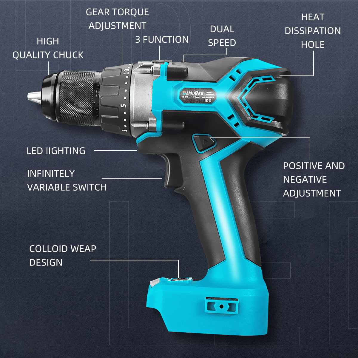 Electric Drill, 18V, 13mm, Rechargable Battery, Blue