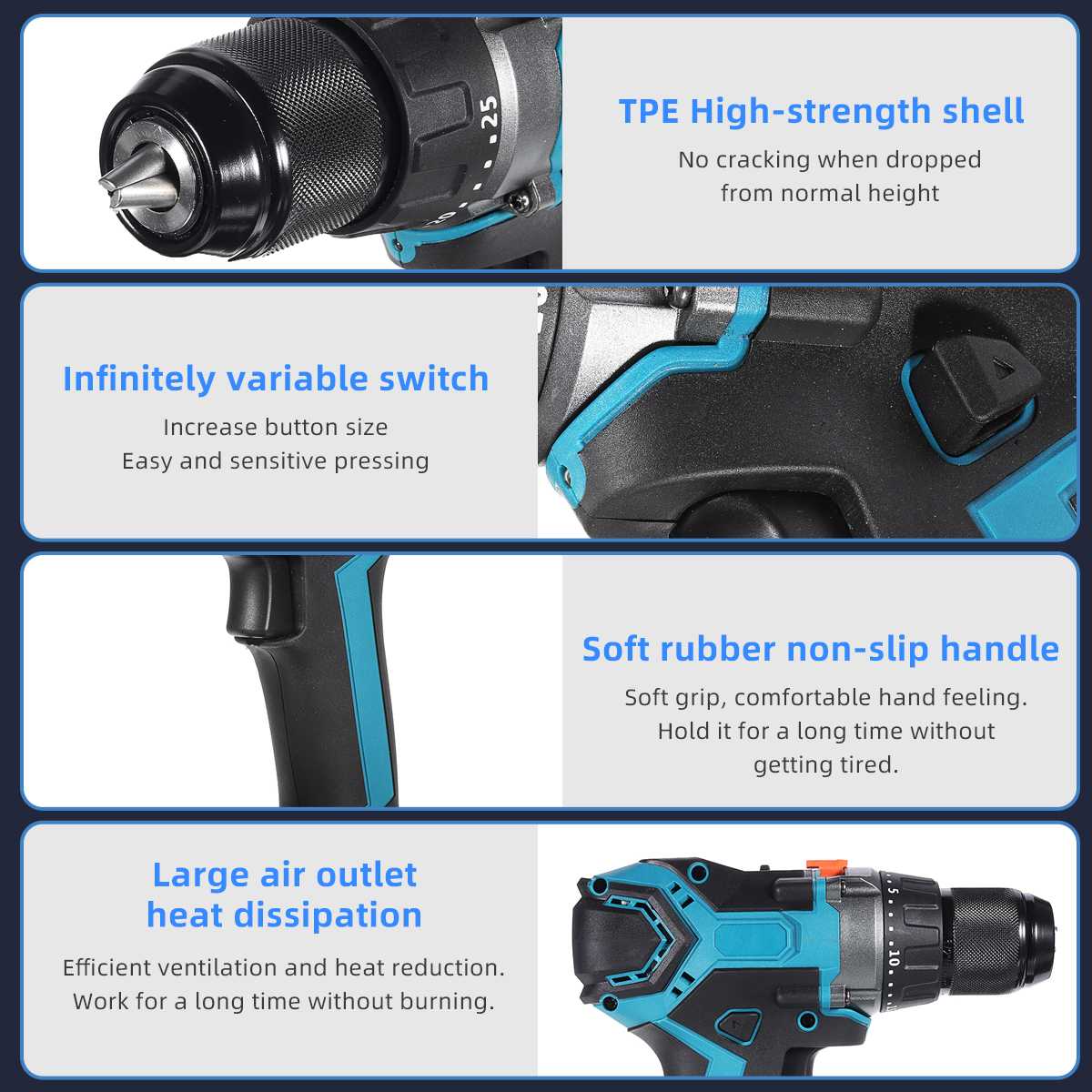 Electric Drill, 18V, 13mm, Rechargable Battery, Blue