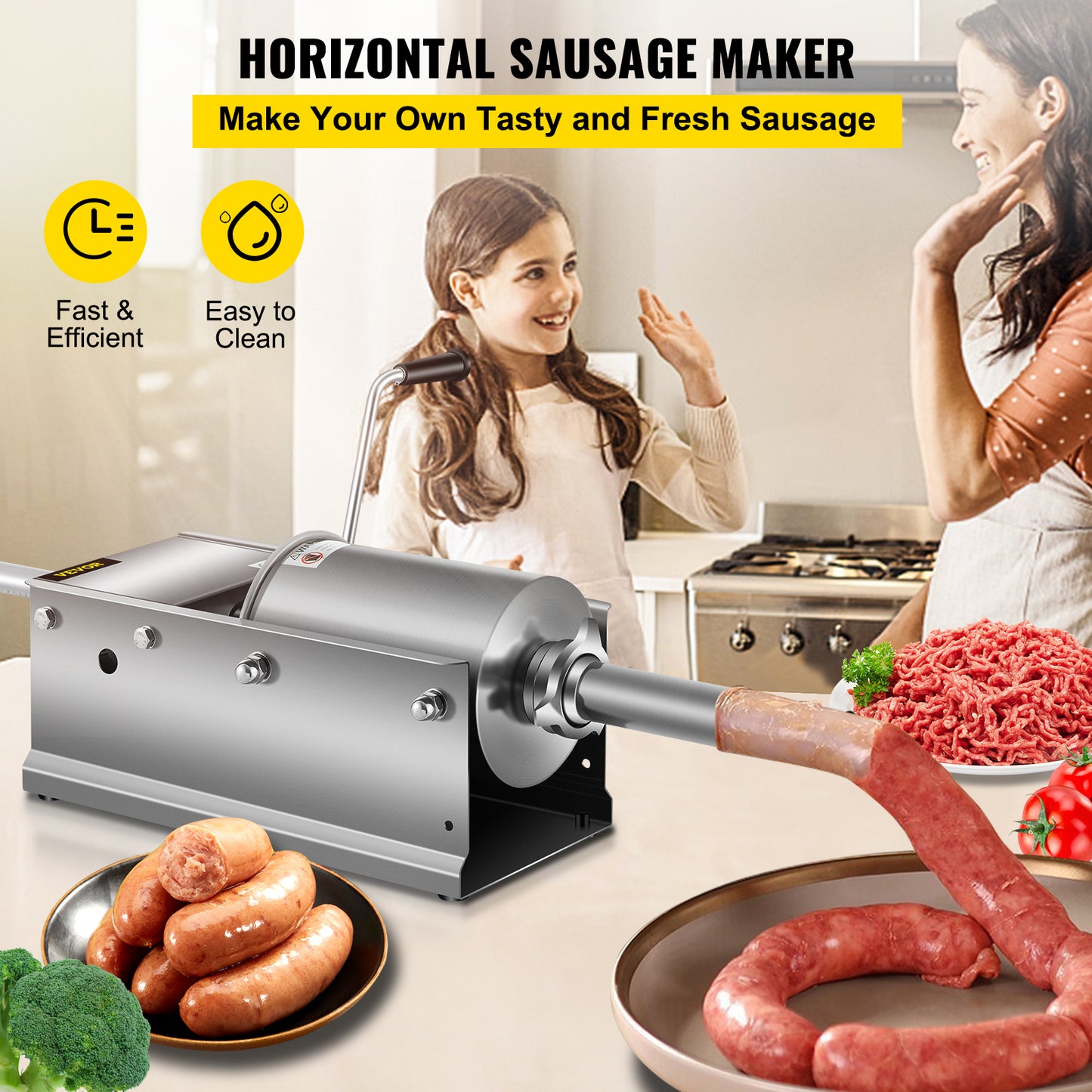 Stainless Steel 7Lbs Sausage Stuffer w/ 5 Nozzles, Manual for Home/Commercial Use