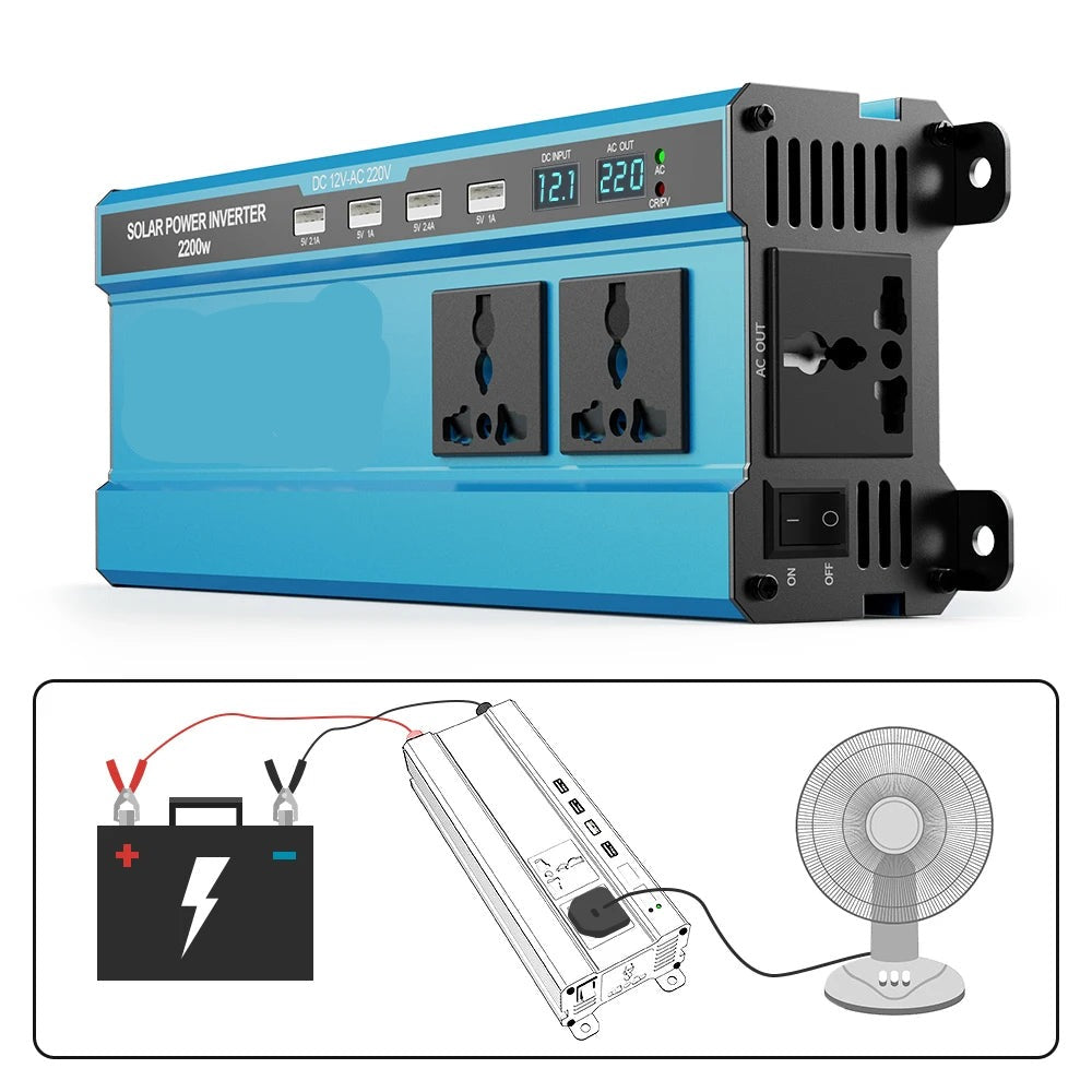 Onduleur, 12 V, 2 200 W, Onde sinusoïdale, 50 Hz, Prises multiples, Bleu