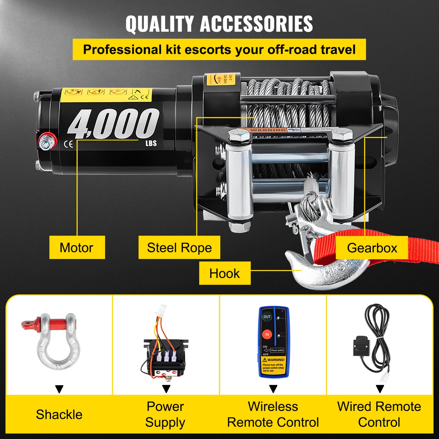 Treuil électrique sans fil 4000lbs 12V pour camions tout-terrain avec câble en acier de 43 pieds et télécommande