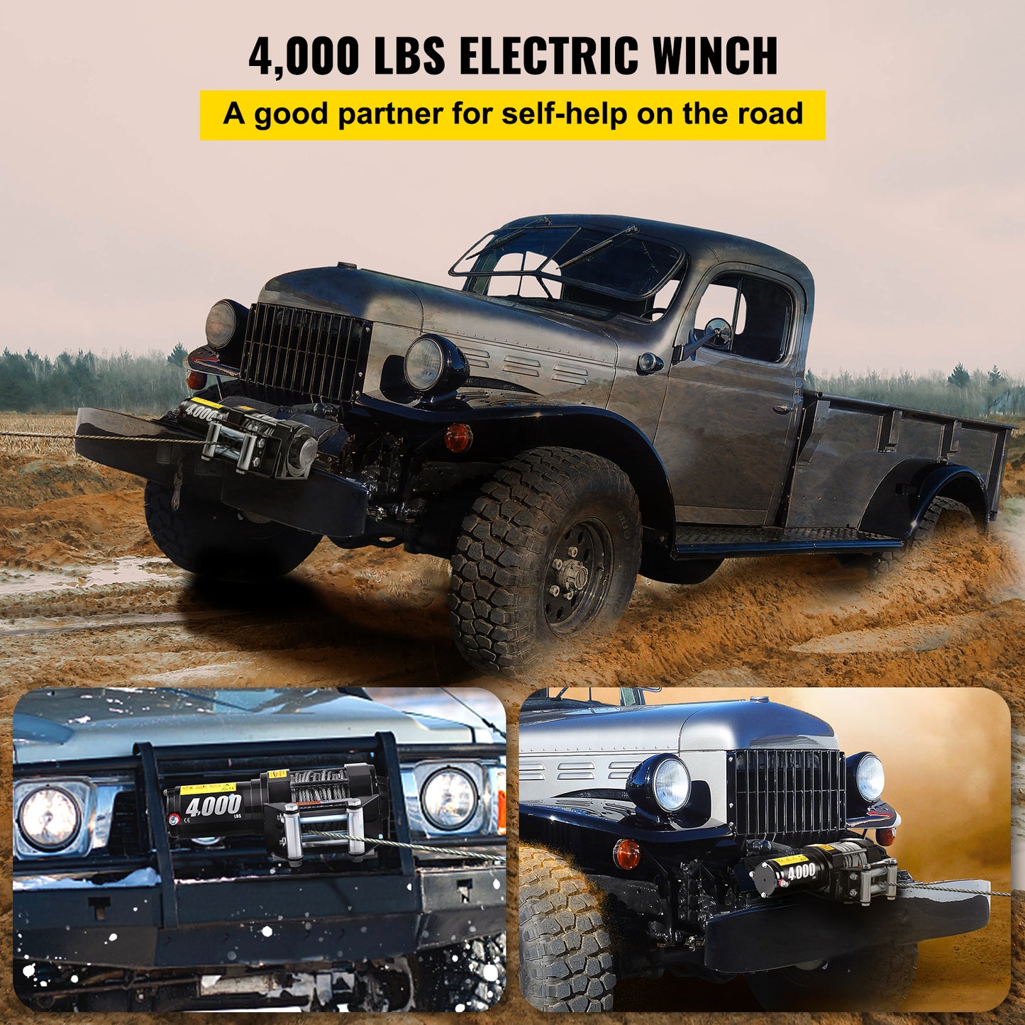 Troliu electric fără fir 4000lbs 12V pentru camioane off-road cu cablu de oțel de 43 ft și telecomandă