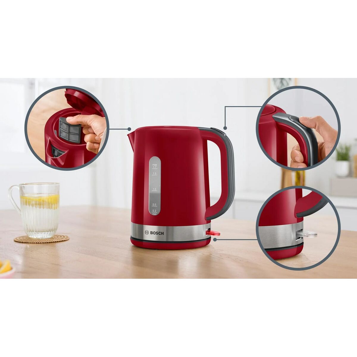 Kettle BOSCH TWK6A514 Red Grey plástico,acero inoxidable 2200 W 1,7 L