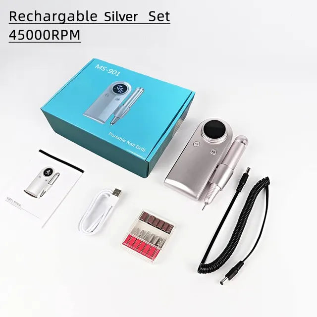 Electric File, 45000rpm, Rechargeable, LCD Display, Portable, Silver