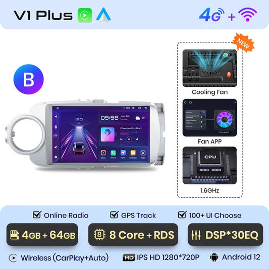 Mobile Phone APP, V1 Plus, 4GB 64GB, AI Voice, Toyota Yaris 2012 2013 20014-2017, Carplay, Car Multimedia GPS, 2din autoradio