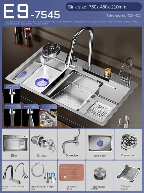 Kitchen Faucet, E9-7545, Nano 304 Stainless Steel, Waterfall Design, Stainless Steel, Large Single Slot, Vegetable Sink, Household Sink