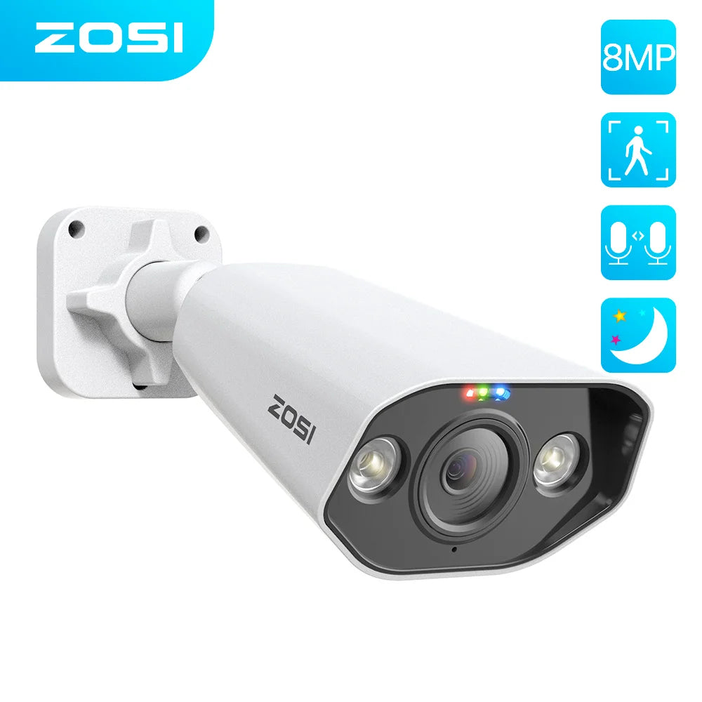 Outdoor surveillance camera, 8MP PoE camera, Ultra HD video, AI human detection, CCTV surveillance, Two-Way Talk, Black, Standard size.