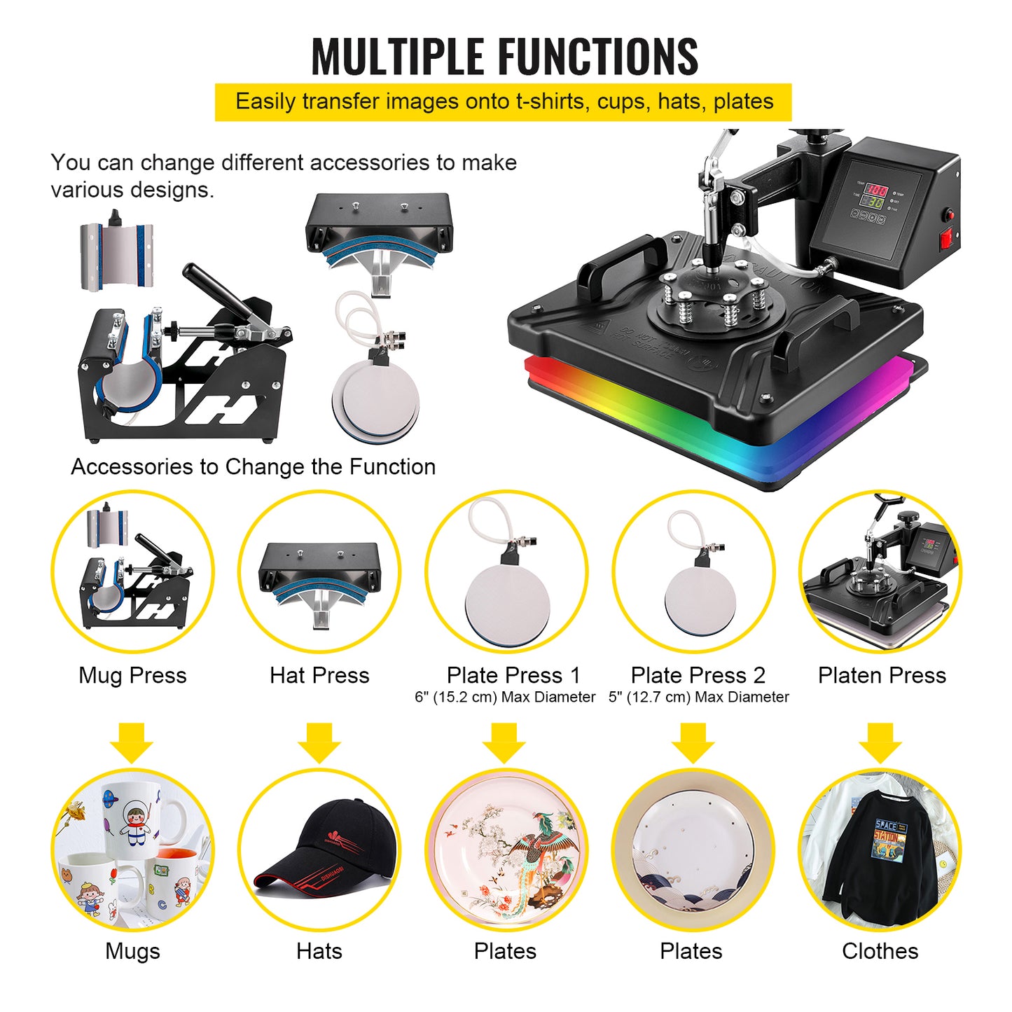 Multifunctional Heat Press Machine for Shirt, Mug, Hat, Plate, Bottle - 5 in 1, 6 in 1, 8 in 1 options available.