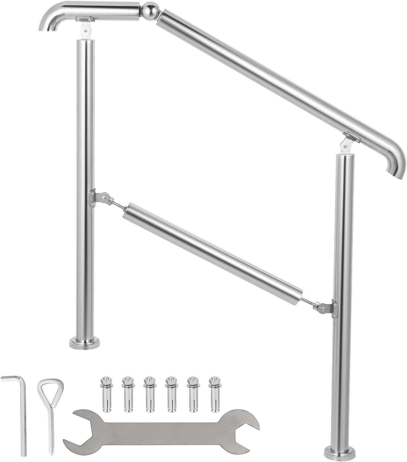 Handrail, 3 Step, Capacity 220 LBS, Adjustable, Stainless Steel, Silver