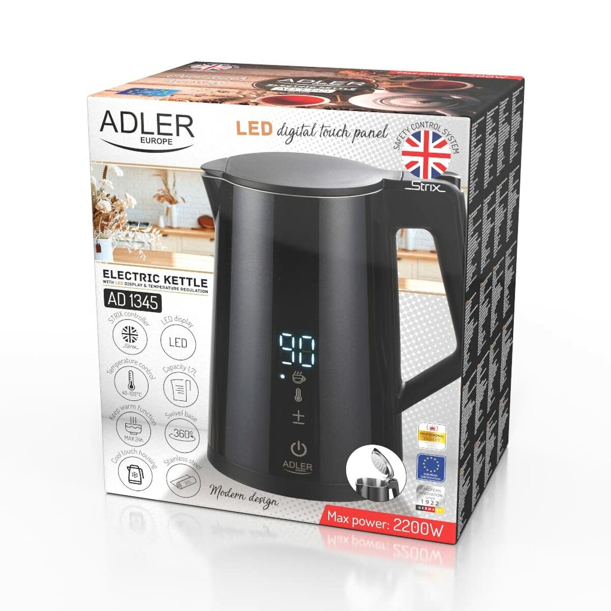 Fierbător Adler AD 1345b Negru Oțel inoxidabil 2200 W 1850 W 1,7 L