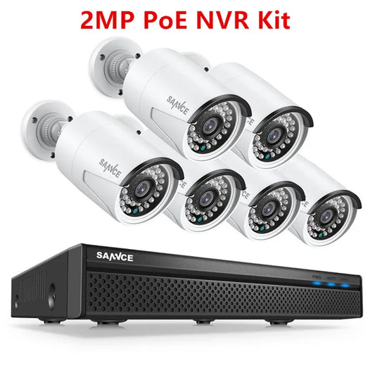 Surveillance Camera, 2MP PoE NVR Kit, 5MP 8CH, H.264, Nightvision, Waterproof, Outdoor, 6pcs, Black, Standard Size.