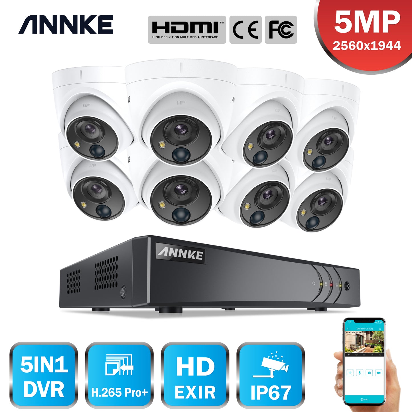 Sistem de camere de securitate, Annke, 5MP, 8CH, 5IN1, 4buc, exterior, rezistent la intemperii, negru