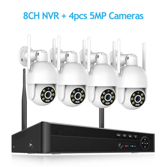 Surveillance Camera, 8CH NVR 4 camera, 5MP, Red Blue Light Alarm, Wireless, Onvif Support, Full Color.