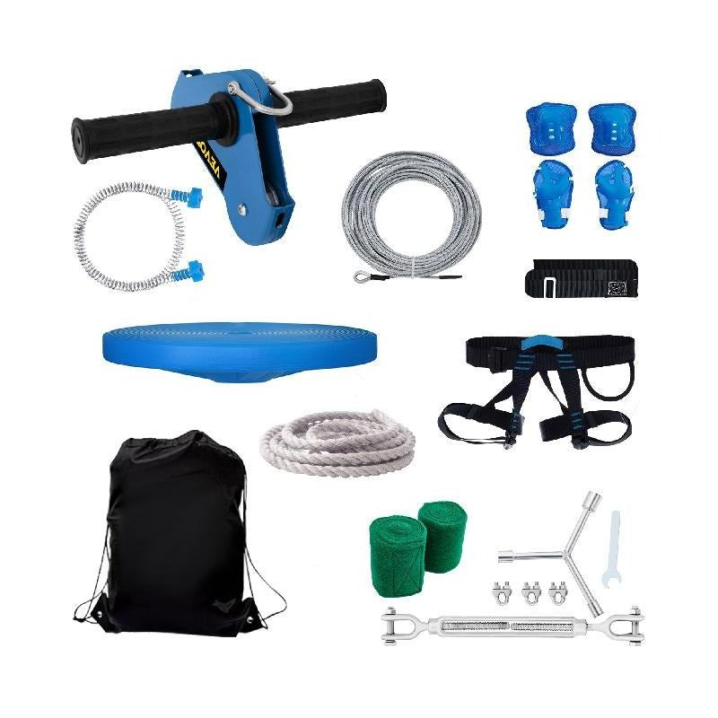 Zipline kit with cradle seat, brake and trolley, adjustable, complete set, blue