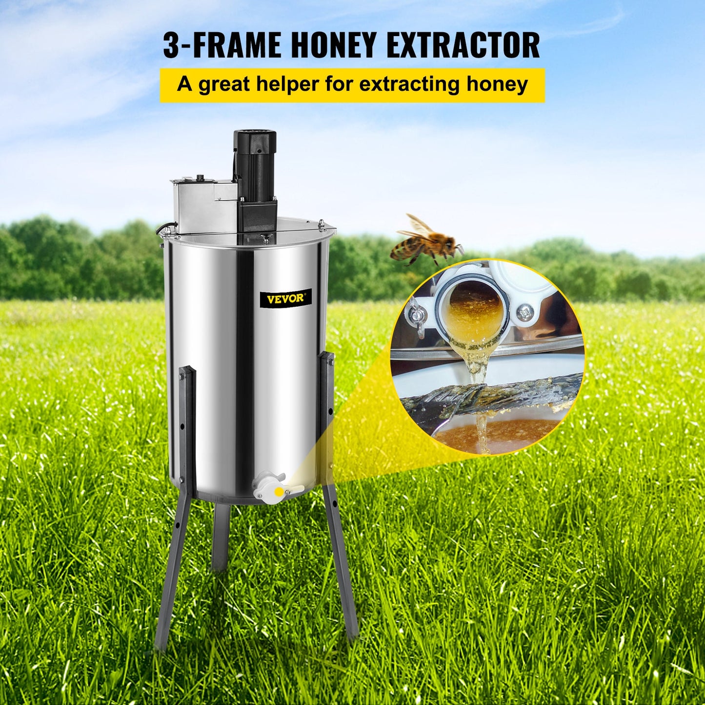 Honey Extractor, Electric, Stainless Steel, 3 Frames, 50cm High, Silver