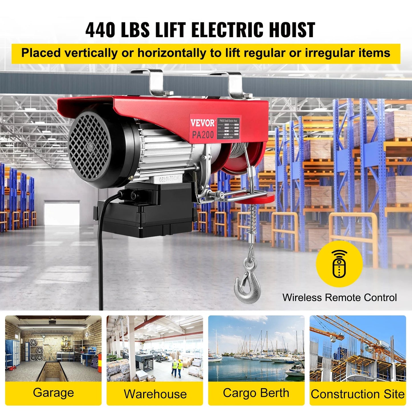 Electric Winch  200-1000KG Wireless Remote Control Boat Car Garage Engine Lifting Motor, 440 LBS, 200 KG