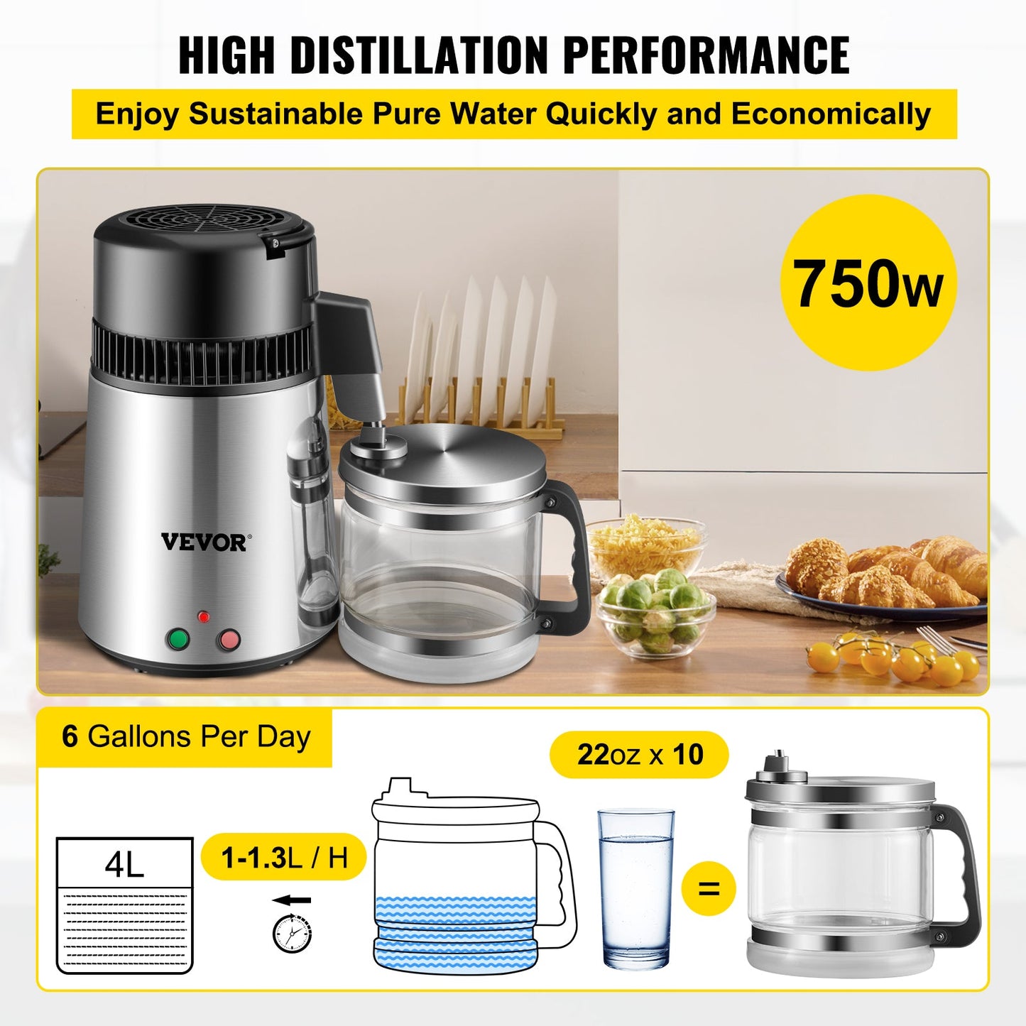 Purificateur de distillateur d'eau en acier inoxydable pour la maison ou le bureau - 4L