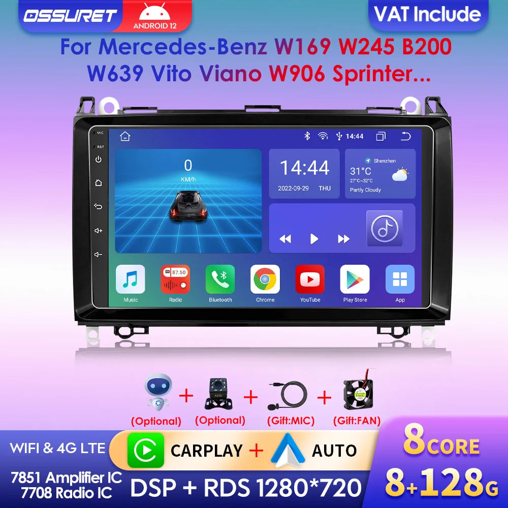 Wireless Speakers, , Carplay Android 12 9" 8 Core Multimedia Stereo, 3G+32G, Mercedes Benz Viano Vito W639 B200 W169 W245 Sprinter W906 S5, Black, Size 9"