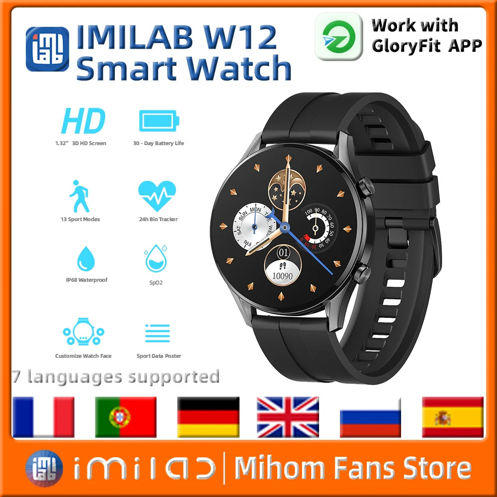 Smartwatch, , W12, Bluetooth, 24h Bio Fitness Tracker, Heart Rate, SpO2 Sleep Monitor, Sport Data Poster, Black, Size: W12