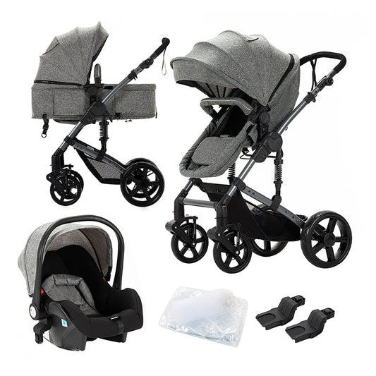 Folding Stroller,  3 in 1, Portable, 4 Wheels, Grey