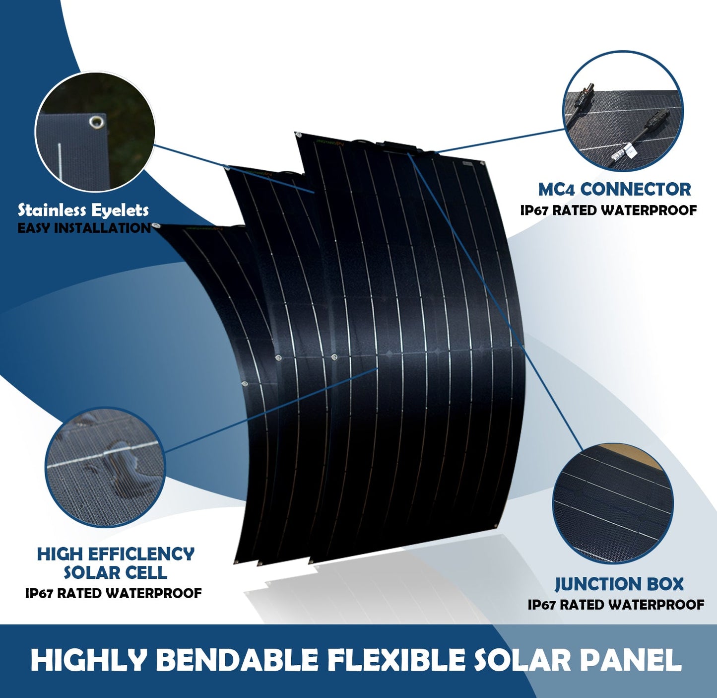 100W Monocrystalline Flexible Solar Panel, 21.8% Efficien, 32 Cells, 1050x540x2.5mm