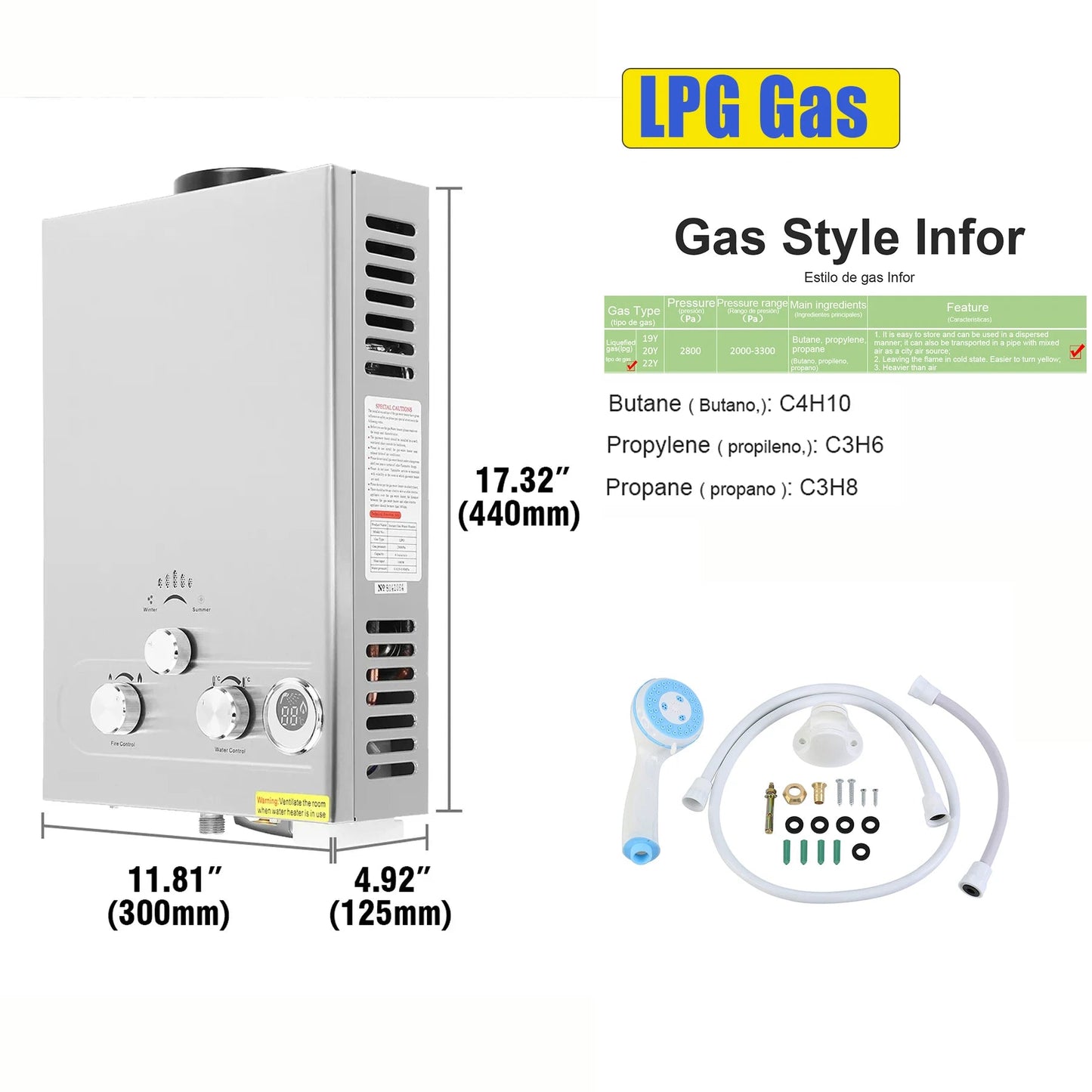 Instant Heater, 8L, 16KW, LPG, 2800Pa, Stainless Steel, Silver