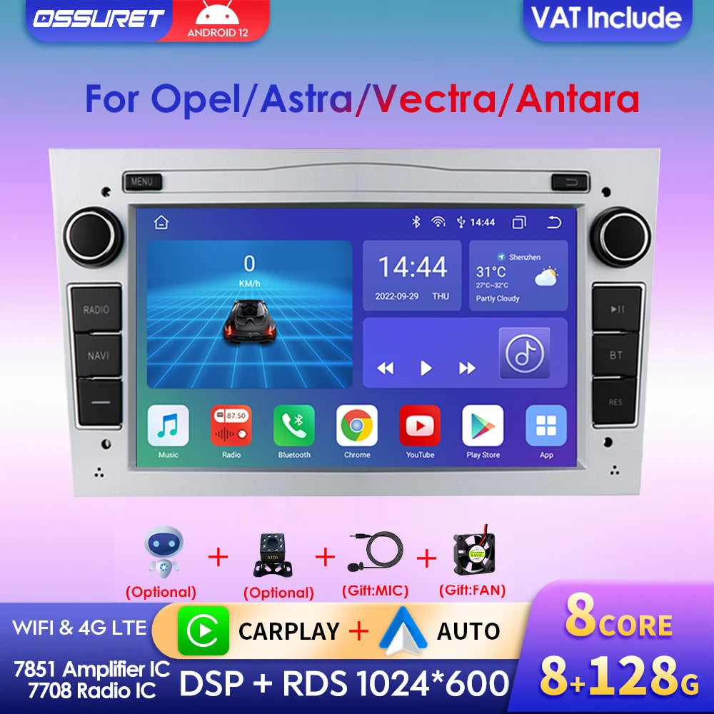 Wireless Speakers, , 4G 64G, Android 12, Opel Astra H J Vectra Vauxhall Antara Zafira Corsa C D Vivaro Meriva Veda, HC1 G AHDC1, Black, Sized as available.