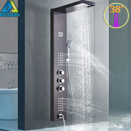 Shower Panel Auto Thermostat Control, Rozin, 3 Handles, Waterfall Rain, Ta Oil Rubbed Bronze, Size: Standard