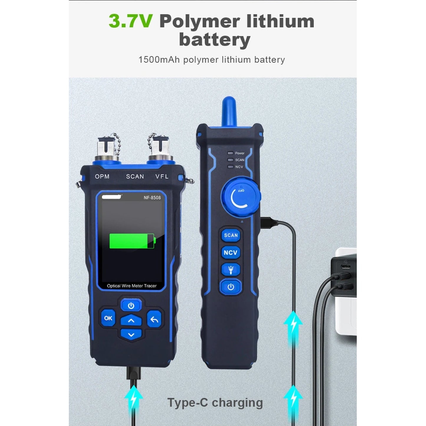 Multimeter, Optical Cable Tester, LCD Display, Rechargeable, Blue